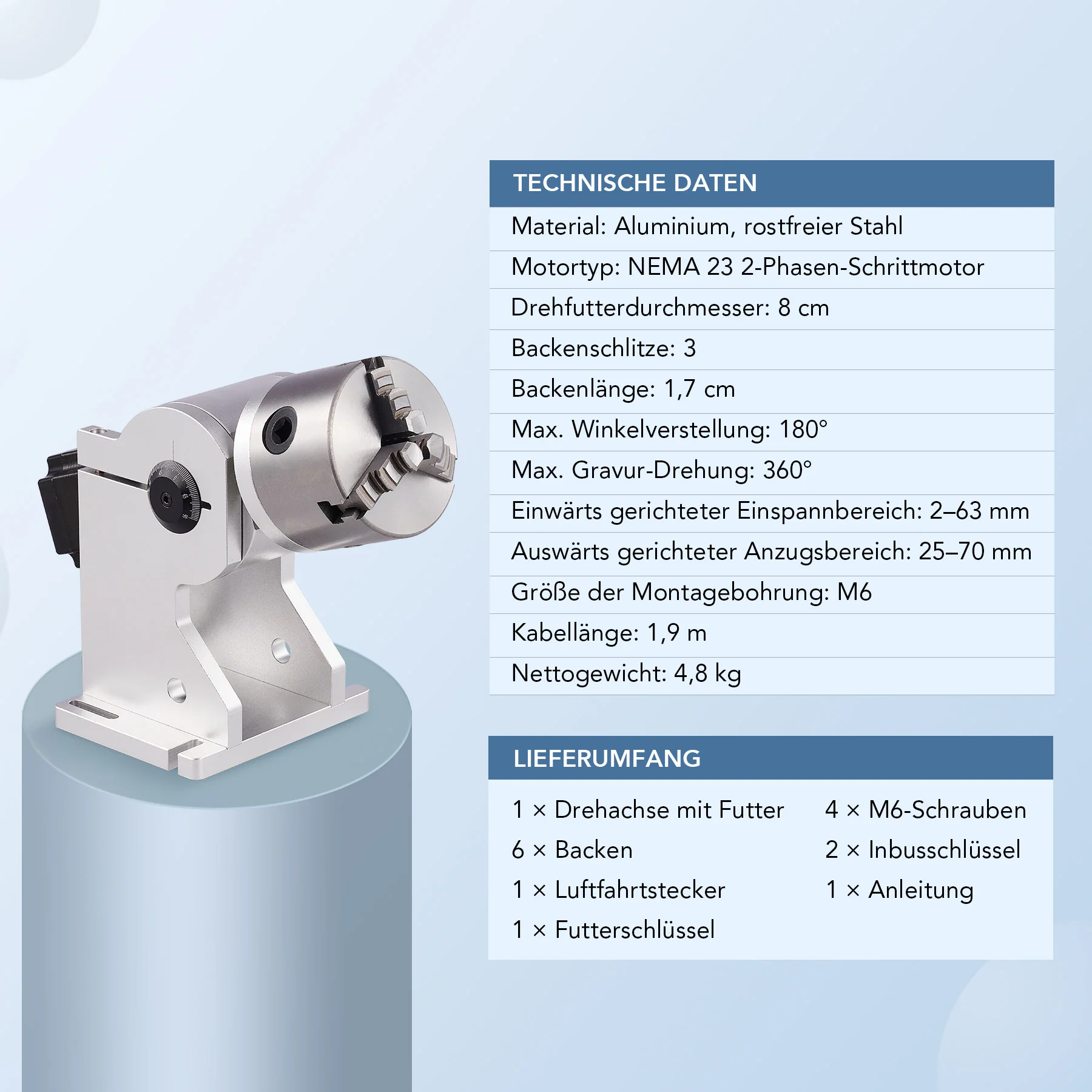 80mm Drehachse & Rotary Axis für Laser Cutter & Graviermaschinen | LRA-602D - Image 8